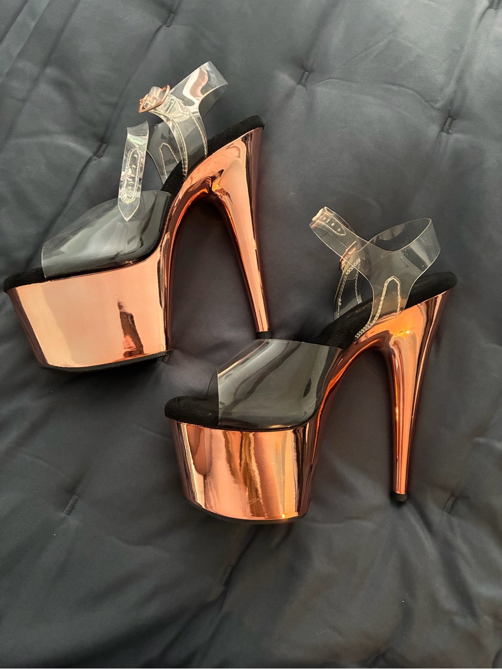 Pleaser Rose Gold Mirror Platform Heels with Clear Straps